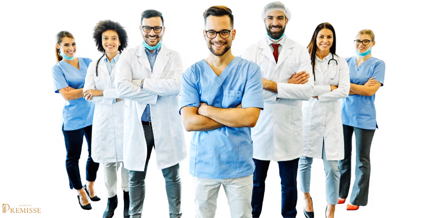 Equipe médica do Instituto Premisse em imagem institucional, com profissionais da saúde em destaque para odontologia e transplante capilar em Brasília, DF.