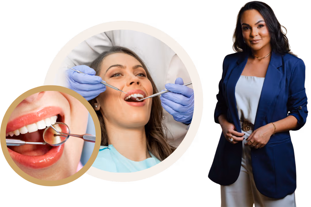 Dentista em Brasília durante atendimento odontológico no Instituto Premisse, com Dra. Carla em composição institucional sobre fundo transparente.